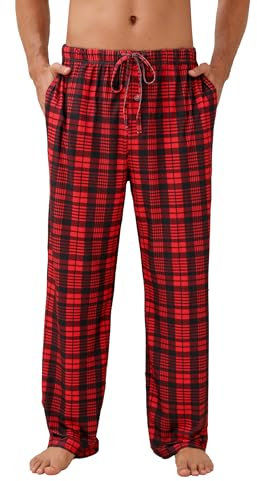 Ekouaer Schlafanzughose Herren Kurz Leichte Karierte Pyjama Herren Schlafanzughose PJ Hose mit Taschen und Knopfleiste Rot Schwarz M
