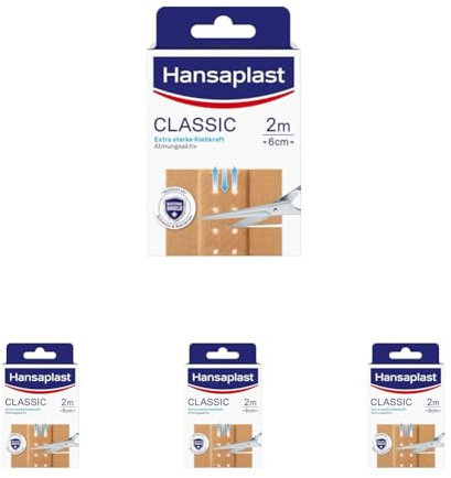Hansaplast Classic Pflaster (2 m x 6 cm), zuschneidbare Wundpflaster mit extra starker Klebkraft & Bacteria Shield, flexibles und atmungsaktives Verbandsmaterial (Packung mit 4)