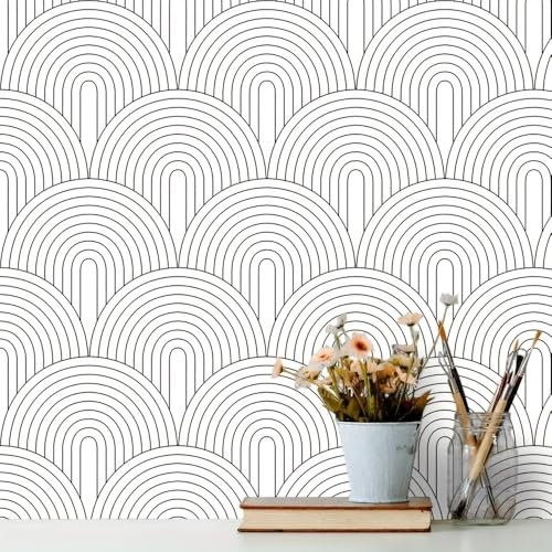 ICYEHAO Geometrische Tapete Schwarz Weiß,44.5 x 1000cm Tapete Streifen Schwarz Moderne Tapeten Boho Tapete Klebefolie Tapete Möbelfolie Selbstklebend für Badezimmer Wohnzimmer Schlafzimmer Küche