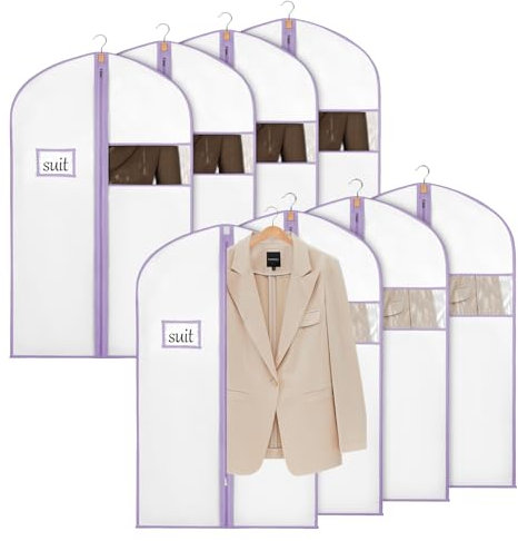 Syeeiex Kleidersäcke zum Aufhängen von Kleidung, Anzugtaschen für Kleiderschrank, Kleidersäcke für Anzüge, T-Shirts, Jacken, Mäntel, Geschäftskleidung (weiß und lila), 101,6 cm, 8 Stück