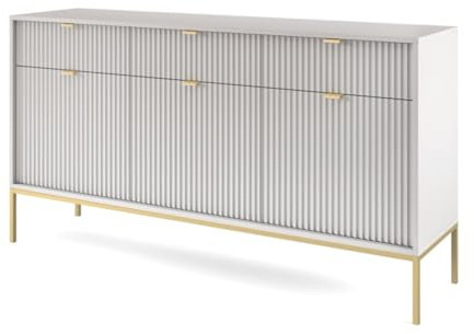 Emporius Sideboard mit Schubladen Galla - Dreitürige Sideboard 150 cm, Wohnzimmer - Gold Griffen, geriffelten Fronten - Grau + Gold