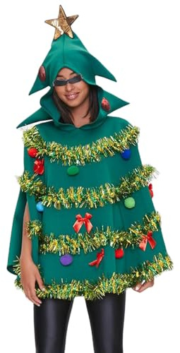 Felcia Weihnachtsbaum-Poncho-Kostüm für Erwachsene, niedlicher Schleife, Ball-Dekor, Kapuzenumhang, Umhang für Mottoparty, Cosplay-Kostüm