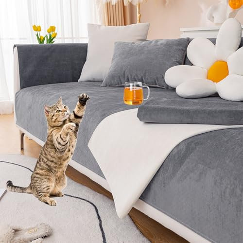MIUUIPI Sofabezug Wasserdicht, Sofa Überzug Sofaschutz Katze Hund, Rutschfester Couch Überwurf, Sofaüberwurf, Chenille Couch Überzug Schutzdecke, Sofa Abdeckung Grau, 90x160cm