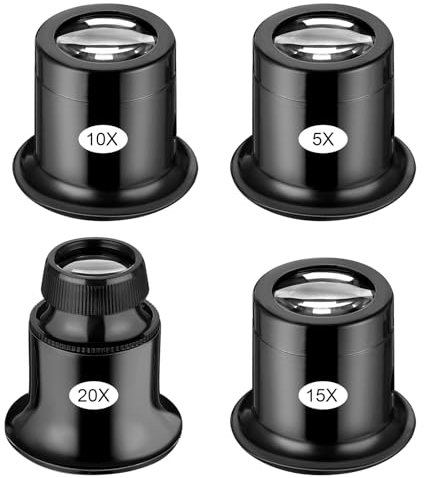 4 Stück Juwelier Lupe 5X/10X/12X/20X Vergrößerungsglas Augenlupe Schmuck Vergrößerung Glas Schlaufe Edelsteinelupe für Münzen Diamanten Briefmarken