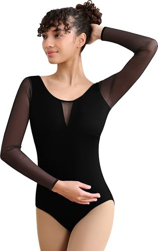Mulnall Women Dance Leotard Long Sleeve Leotard for Adult Dance,V-shape Mesh Back,Front Splicing,Full Front Lining(238113-06-L)