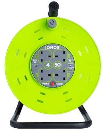 IONOS 4 Socket Cable Reel, 50m, Green, 13 Amp, Thermal Cut Out, Heavy Duty, Outdoor Extension Lead, Ideal for Garden, Workshop, DIY, Power Tools (ION50M13ACR1)