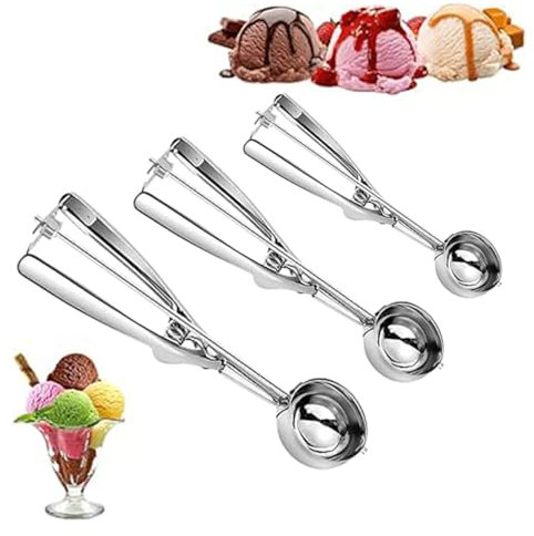 3-Piece Stainless Steel Ice Cream Scoop Set - Large, Medium and Small Cookie Scoops for Baking with Polished Steel Spoons