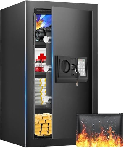 80L Großer Safe Tresor Feuerfest für Zuhause, Möbeltresor Feuerfest mit Zahlenschloss, Safe Tresor Feuerfest Wasserdicht mit Intelligente Alarme, Schranktresor für Gold Schmuck Dokumente