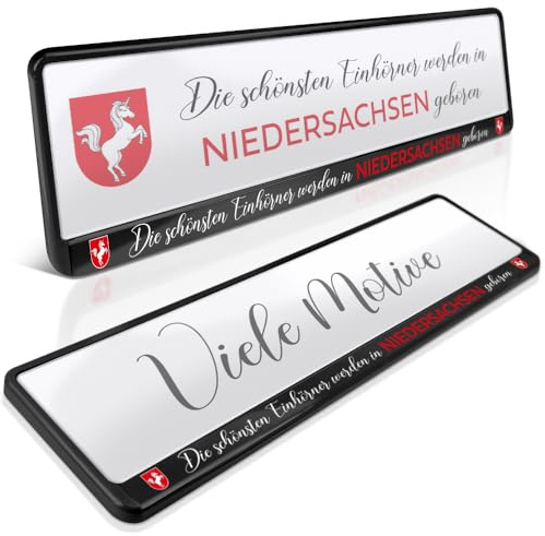 2 Kennzeichenhalter | Niedersachsen 08 | Einhörner | Nummernschildhalter | Moin Nordseeküste | Hannover Braunschweig | Friesisch Anker | Kennzeichen-Halterung | Nummernschild-Halterung | Rahmen