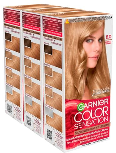 Garnier Color Sensation Colorazione Permanente in Crema Lunga Durata con Olio di Rosa Copre il 100% dei Capelli Bianchi Colore 8.0 Biondo Chiaro - 3 Tinte