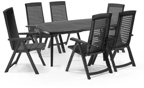 Gartenmöbel Set für 6 Personen Gartentisch ausziehbar Garten Stühle mit Balkon Tisch Lounge Möbel Outdoor Klappstuhl wetterfest Terrassenmöbel Set Gartengarnitur mit Esstisch 170/225 cm x 100 cm