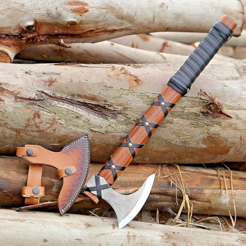 Wikinger-Axt, Beil mit Lederscheide – Bestes Tomahawk-Wikingerbeil, Wikinger-Bart-Axt, Camping-Axt, Geschenk für ihn mit Scheide