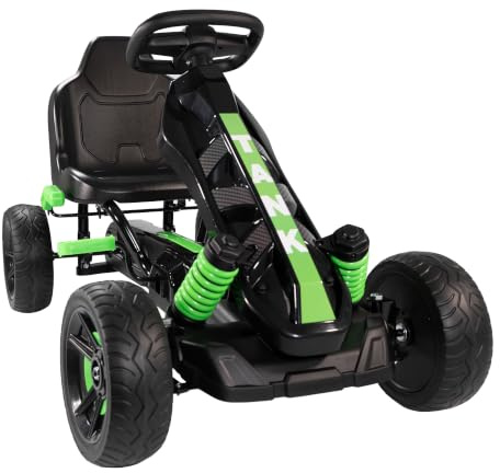 Lemodo Go Kart Tretfahrzeug grün – Kinderfahrzeug mit Handbremse und Deko-Stoßdämpfer, Tretauto für Kinder ab 3 Jahre, GoKart Pedalfahrzeug, Outdoor-Fahrzeug mit Pedalantrieb, Fahrzeug mit Pedalen