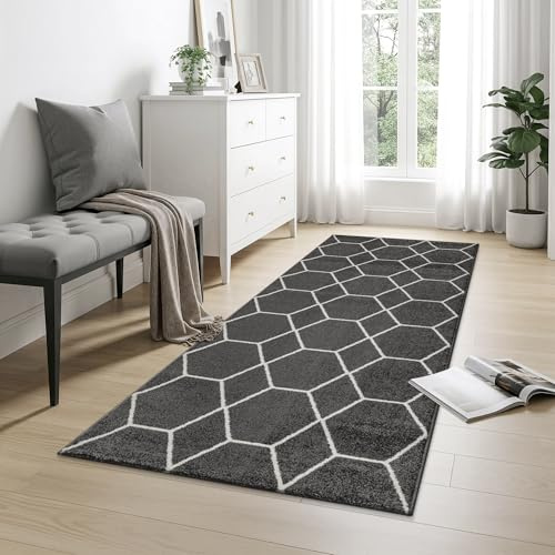 SANAT Wohnzimmerteppich – Pflegeleicht, für jeden Raum geeignet – Öko-Tex zertifizierter Flächenteppich – Trellis Muster, DunkelGrau, 80 x 150 cm