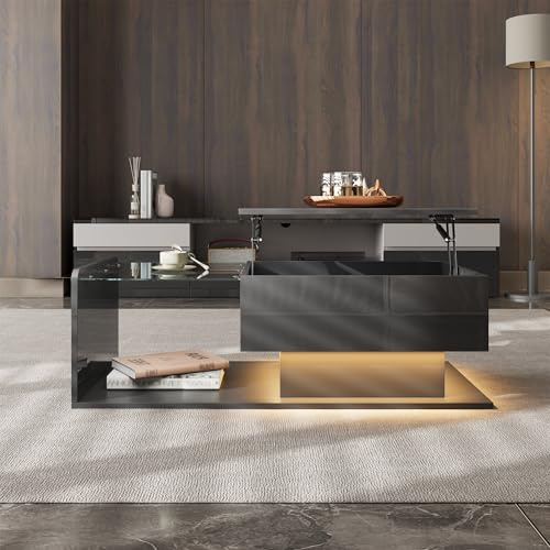 VIVCA Mesa de centro de color negro brillante, mesa auxiliar, mesa de café con cristal y efecto LED, con tapa de cristal.