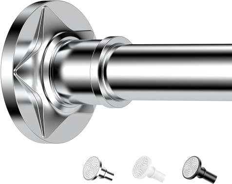 Extendable Shower Curtain Pole No Drill, Tension Rods for Curtains, Telescopic Shower Rail - Shower Curtain and Pole Set, 76-340cm, Rustproof Non-Slip Base, for Bathroom Window, Closet (Silver)