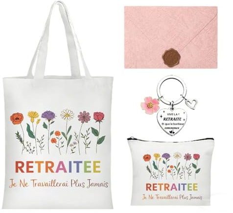 4 Pièces Cadeau Retraite Femme Humour, Grand Sac Fourre-Tout & Trousse Maquillage, Porte-Clé et Carte, Idée Cadeau Original Départ Collègue Amie Maman, Kit Vive La Retraite