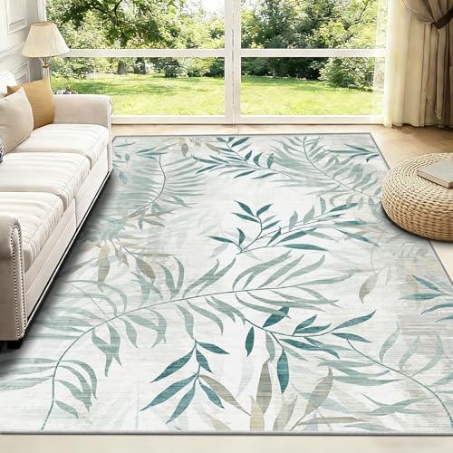 Grün Waschbarer Teppich Wohnzimmer 160x230cm Kurzflor Rutschfest Weich | Groß Tepich Mit Blattmuster Rugs for Living Room Schlafzimmer Jugendzimmer