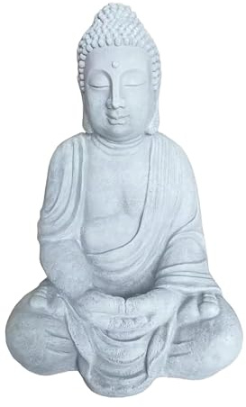Relaxdays Buddha Figur sitzend, XL 70 cm, Gartenfigur, Vintage Dekofigur Wohnzimmer, wetterfest, frostsicher, hellgrau