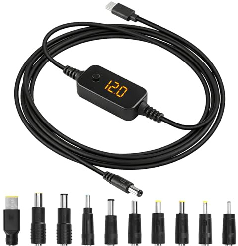 VBGURR USB C PD to DC Power Cable, 60W Adjustable Voltage Charging Cord | Type C to 5.5x2.1mm Plug with 10 Universal DC Adapter Heads, Supports 5V 9V 12V 15V 20V for Laptop, Router, Camera, Mini Fan
