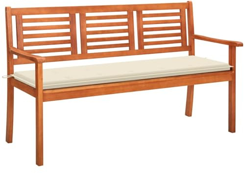 KGHFDVB Outdoor Sitzbank 150 cm Massivholz Eukalyptus mit Kissen, 3-Sitzer-Gartenbank mit Auflage, ergonomische Holzbank für Terrasse und Garten, ölbehandelte Oberfläche, bis 110 kg pro