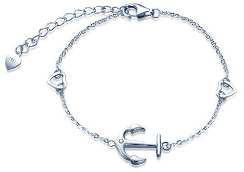 Unendlich U Damen Mädchen Anker Armband 925 Sterling Silber Zirkonia mit Zwei Herzen Armkette Verstellbar Charm Armband