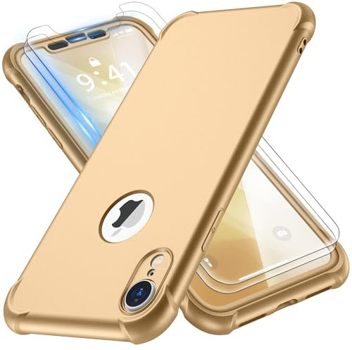 ORETECH for iPhone XR Case, with [2 Pack 9H Screen Protectors] [10 Ft Military Grade Drop Test] [Camera Protection] 360 Shockproof Ultra Thin Anti Scratch Hard PC Silicone Bumper Cover - Gold
