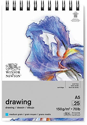 Winsor & Newton 6691005 Zeichenpapier im Spiralblock - 25 Blatt DIN A5, 150g/m², mittlere Körnung, natürliches Weiß, säurefrei, Alterungsbeständig, Ideal für Bleistift, Buntstift, Pastell und Kohle