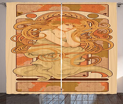 ABAKUHAUS Abstrakt Rustikaler Vorhang, Jugendstil-Art-Frau, Wohnzimmer Universalband Gardinen mit Schlaufen und Haken, 280 x 245 cm, Peach und Multicolor