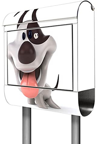 banjado® Briefkasten mit Standfuß Motiv Comic-Hund - Stand Briefkasten Edelstahl mit Zeitungsfach - Postbox/Postkasten A4 Einwurf inkl. Montagematerial & 2 Schlüssel