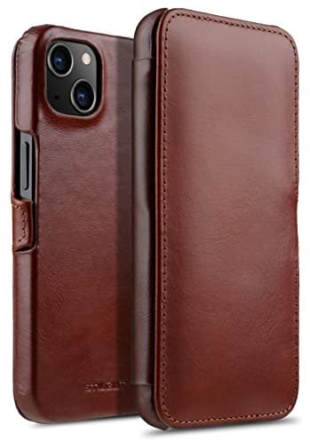 STILGUT Book Case kompatibel mit iPhone 13 Mini (5.4“) Hülle aus Leder mit Clip-Verschluss, Klapphülle, Handyhülle, Lederhülle - Cognac Nappa