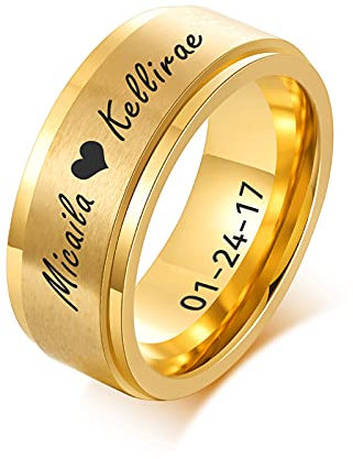 FLHEART Personalisierter Spinner Ring, Fedget Band Ring, Edelstahl Minimalist Band Stil benutzerdefinierte Name Ring Versprechen Verlobung Ehering für Herren, Vergoldet, 8mm, Größe 59 (18.8)