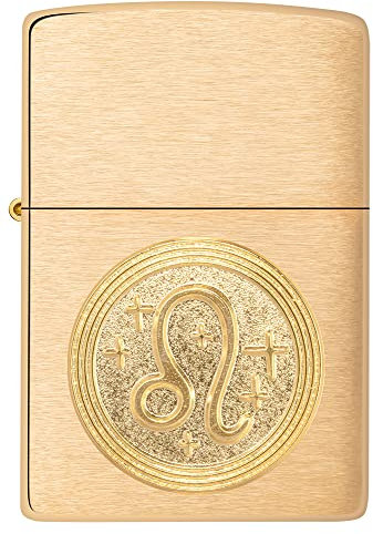 Zippo Sturmfeuerzeug - Modell Leo Emblem Sternzeichen - Brushed Brass Finish - Nachfüllbar - Wiederverwendbar - Windfestes Design - Geschenkbox - Made in USA