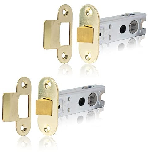 XFORT Polished Brass Radius Tubular Latch, Two 75mm Polished Brass Radius Tubular Latches for Internal Wooden Doors.