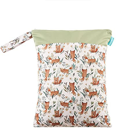 Treer Windeltasche Baby 30x40cm Süßer Tierdruck Wasserdichte Wetbags mit doppelt Reißverschluss - Nass-Trocken-Trennung - Hängende Kleinkind Stoffwindeln Organiser Beutel (Fuchsgrün)