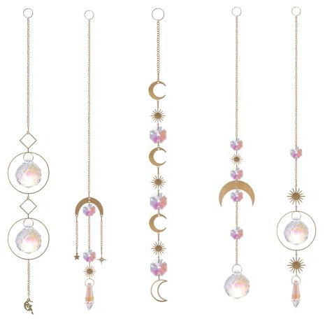 Sonnenfänger Kristall Windspiel, 5 Stück Hanging Windspiel Regenbogen Sonnen Mond Anhänger Kristall Anhänger Deko für Fenster Haus Garten Weihnachten Tag Party Hochzeit Dekoration Glas Lichtfänger