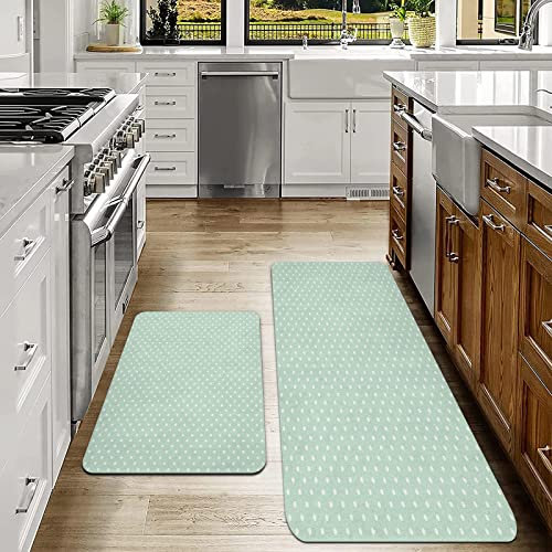 Küchenläufer 2 Stück, küchenteppich waschbar rutschfest,Grünes Muster im Retro-Stil mit kleinen weißen Tupfen Pastell, Mint,Teppich küche Gummirücken Küchenmatte für Esszimmer, Küche(40x60cm+40x120cm)