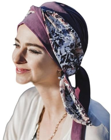 CAREBELL Turbante oncológico Modelo Smooth – diseño Malva Flores en bambú Suave y Transpirable, Especial para quimioterapia, Alopecia y Pieles sensibles