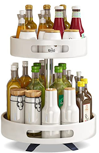 Auvrgmin 360°Drehbare Küche Gewürze Organizer weiß, Edelstahl Kugellager Drehteller Organizer, Regal für Küche, Bad, Balkon, Schminktisch- Gewürzregal Plattenspieler (2 Etagen) (Weiß)