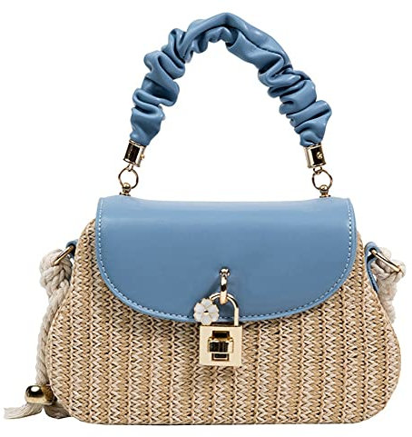 Sac à bandoulière en paille tissé à la main avec poignée sur le dessus - Petit sac à main bohème en rotin - Sac à main de plage, Bleu-a, Taille unique