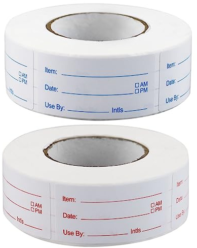 HXMJIED 2 Rolls Food Stickers, 5X2.5cm Freezer Labels, 1000 Red and Blue Date Labels, Self-Adhesive, Removable, for Food Storage and Marking Production Date