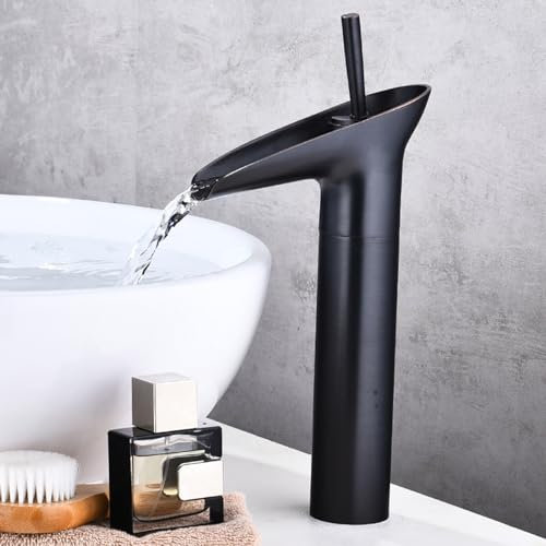 Mitigeur Lavabo Haut Robinet Vintage Salle de Bain Cascade À Poignée Unique Robinet Vasque à Poser Chaud Et Froid,noir Rétro