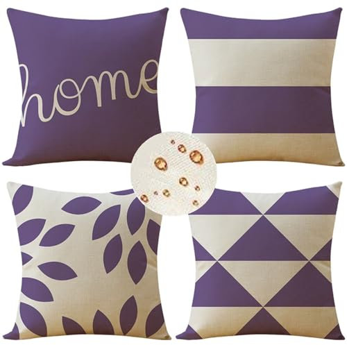 Outdoor Wetterfest Kissenbezug 40x40 cm 4er Set Lila Kissenbezüge Gitter Outdoor Kissen Wasserdicht Leinen Quadrat Sofakissen Dekokissen für Garten Terrasse Bank Stuhl Outdoor Heimdekoration Geschenke