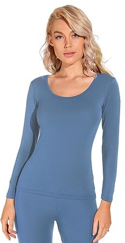 Liang Rou Women's Scoop Neck Ultra Thin Basic Long Sleeve Shirt Mist Blue Medium