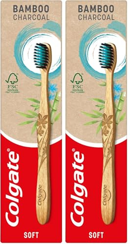 Colgate Handzahnbürste mit Bambuskohle, weiche Borsten, 1 Stück, Handzahnbürste mit Aktivkohle, schmale Spitze, 100% natürlich, biologisch abbaubar, Bambusgriff (Packung mit 2)