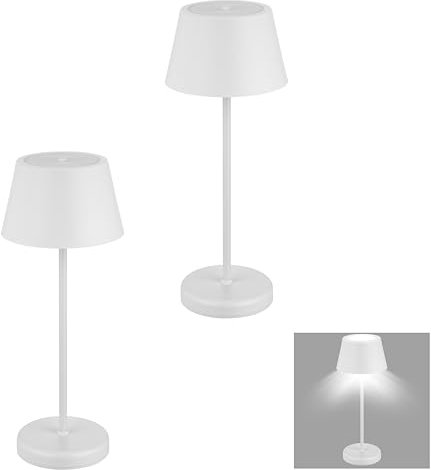 REV 2x LED Akku Tischlampe – Tischleuchten für Schlaf- & Wohnzimmer, Garten - 38cm, IP44, Touch, Dimmbar – Nachttischlampe kabellos, weiß