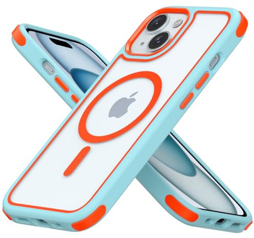 MobNano Hybrid Magnetisch Durchsichtig Hülle für iPhone 15 Hülle [Kompatibel mit MagSafe] Stoßfest Bumper Transparent Starke Magnet Handyhülle Clear Silicone iPhone 15 Case -Blau/Orange