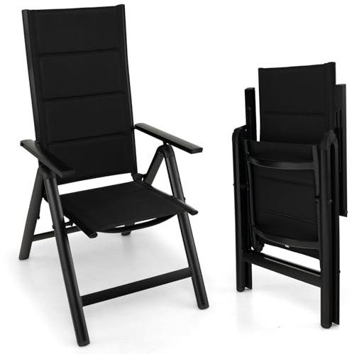 GOPLUS Gartenstuhl klappbar, Balkonstuhl aus Alu 7-Fach verstellbar, Klappstuhl mit hoher Rücklehne & bequemer Armlehne, 110 kg belastbar, Hochlehner Terassenstuhl Campingstuhl, Schwarz (1)