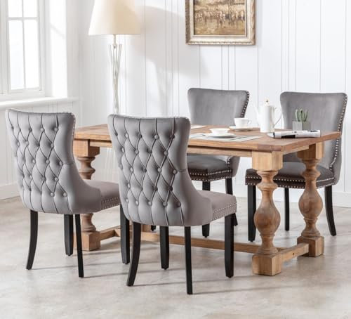 HomeTouch Lux Velvet Upholstered Kitchen Dining Chairs Set of 4 Tufted High Back Bedroom Office Chairs with Oak Wood Legs, Hand Made (4, Grey)