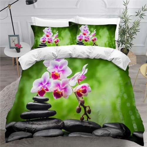 ISHELA Bettwäsche 200x200 Orchidee Bettwäsche-Sets 3 Teilig Weiche Mikrofaser 3D Druck Artikel Zen, Kultur Bettbezüge 200x200 cm Mit Reißverschluss Et 2 Kissenbezüge 80x80,Bettwaren